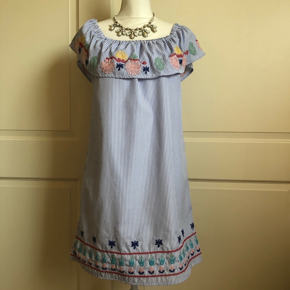 Joy 🌸 Joy Blue & White Striped Off Shoulder Dress